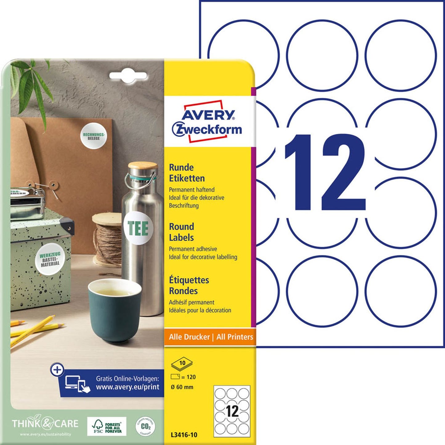 AVERY Zweckform Etiketten weiß 60,0 x 60,0 mm | L3416-10 | 1 Pack = 10 Blatt