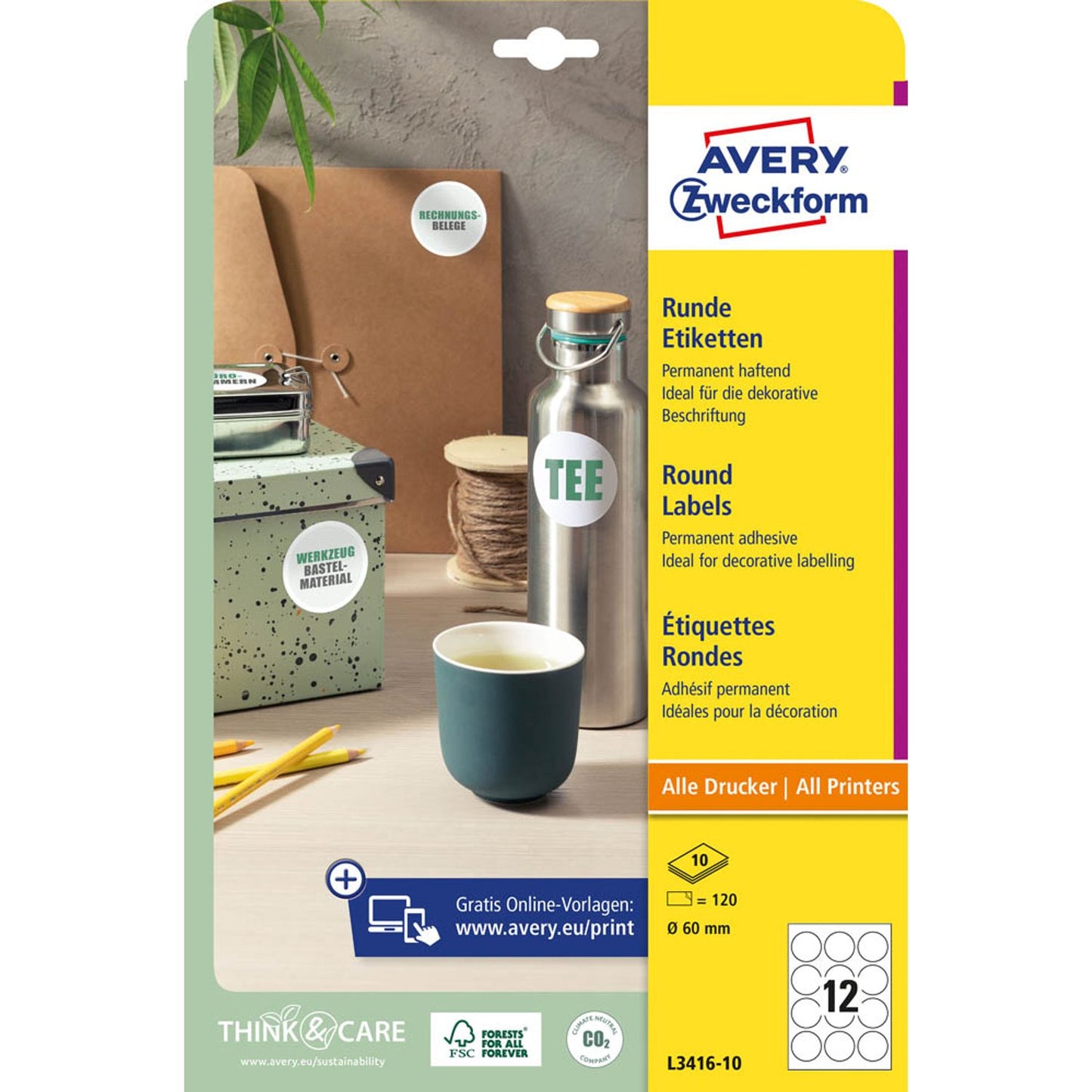 AVERY Zweckform Etiketten weiß 60,0 x 60,0 mm | L3416-10 | 1 Pack = 10 Blatt