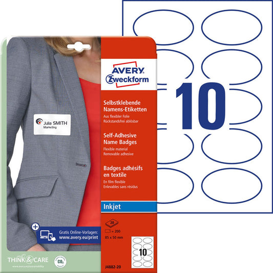 AVERY Zweckform Namensetiketten weiß 85,0 x 50,0 mm | J4882-20 | 1 Pack = 20 Blatt