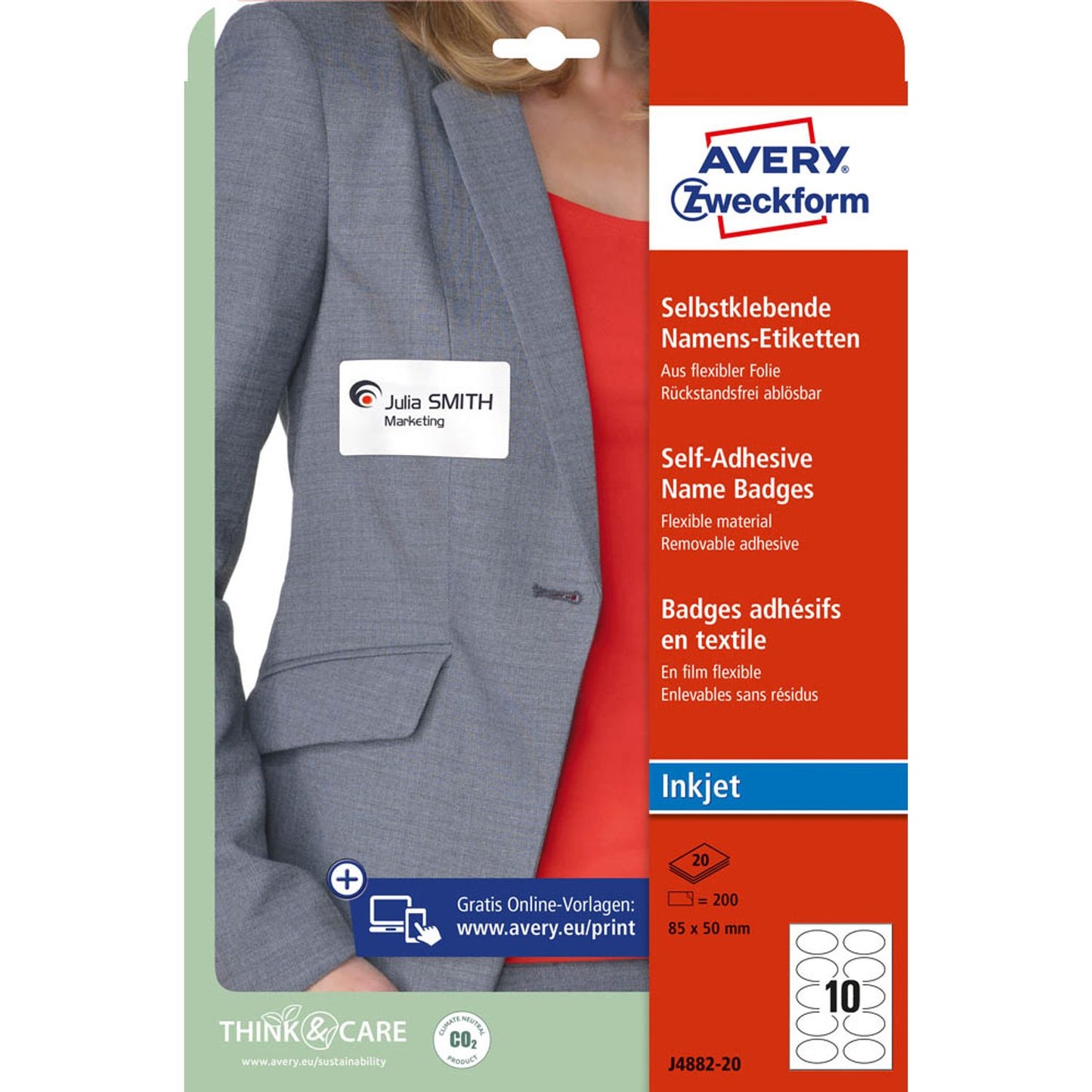 AVERY Zweckform Namensetiketten weiß 85,0 x 50,0 mm | J4882-20 | 1 Pack = 20 Blatt