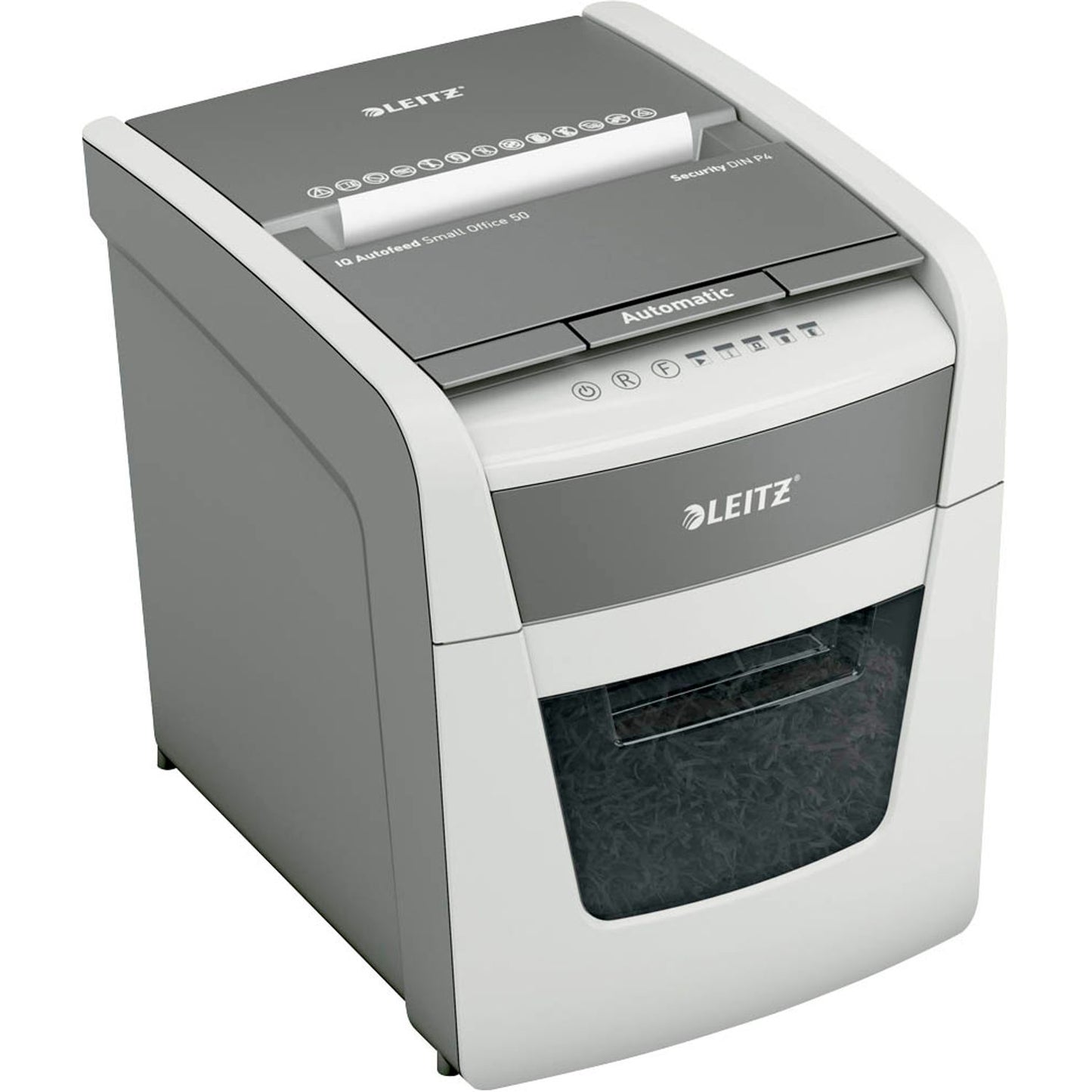 LEITZ IQ Autofeed Small Office 50 Aktenvernichter mit Partikelschnitt P-4, 4 x 28 mm, bis , weiß | 80350000