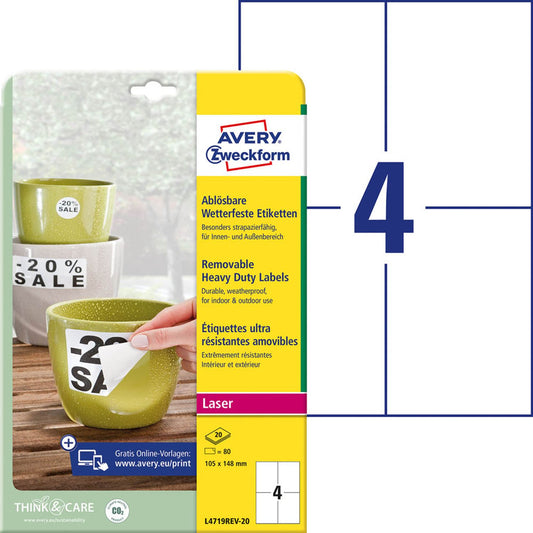 AVERY Zweckform wetterfeste Folienetiketten weiß 105,0 x 148,0 mm | L4719REV-20 | 1 Pack = 20 Blatt