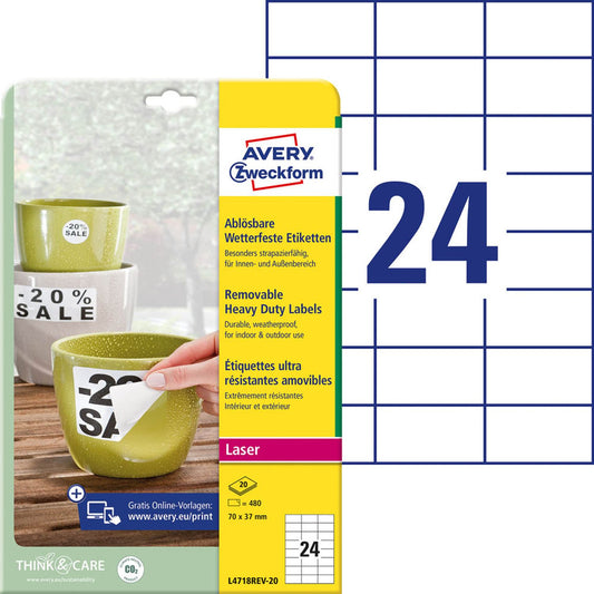 AVERY Zweckform wetterfeste Folienetiketten weiß 70,0 x 37,0 mm | L4718REV-20 | 1 Pack = 20 Blatt