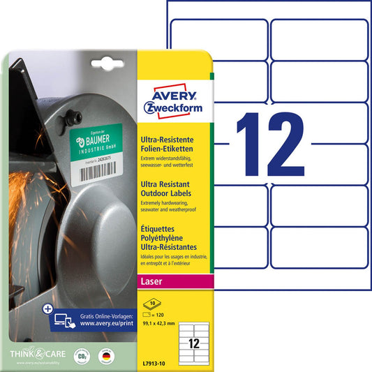 AVERY Zweckform resistente Folienetiketten weiß 99,1 x 42,3 mm | L7913-10 | 1 Pack = 10 Blatt