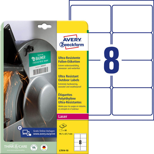 AVERY Zweckform resistente Folienetiketten weiß 99,1 x 67,7 mm | L7914-10 | 1 Pack = 10 Blatt