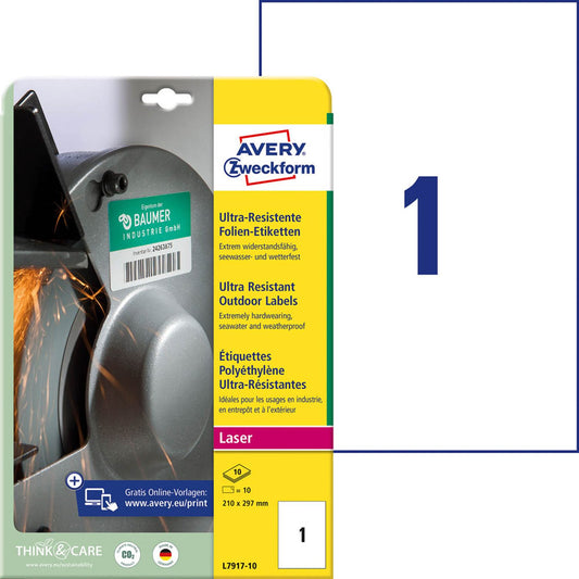 AVERY Zweckform resistente Folienetiketten weiß 210,0 x 297,0 mm | L7917-10 | 1 Pack = 10 Blatt