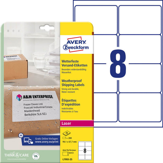 AVERY Zweckform Folien-Versandetiketten weiß 99,1 x 67,7 mm | L7993-25 | 1 Pack = 25 Blatt