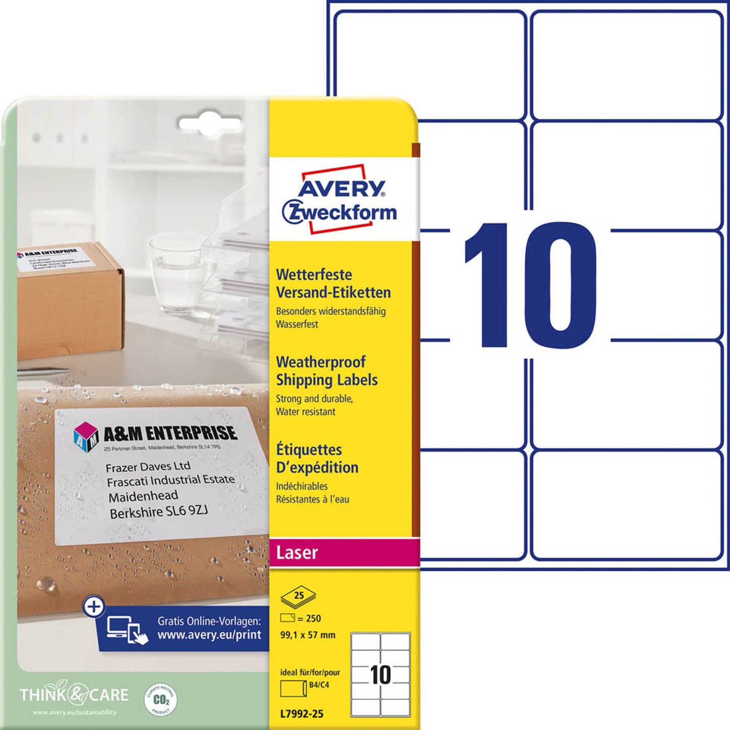 AVERY Zweckform Folien-Versandetiketten weiß 99,1 x 57,0 mm | L7992-25 | 1 Pack = 25 Blatt