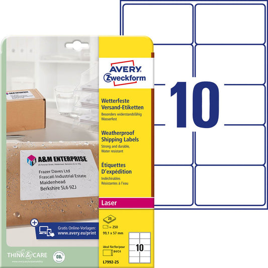 AVERY Zweckform Folien-Versandetiketten weiß 99,1 x 57,0 mm | L7992-25 | 1 Pack = 25 Blatt
