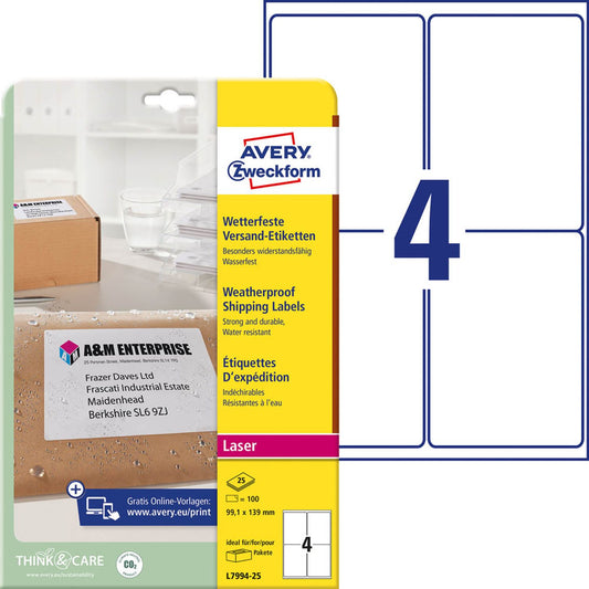 AVERY Zweckform Folien-Versandetiketten weiß 99,1 x 139,0 mm | L7994-25 | 1 Pack = 25 Blatt