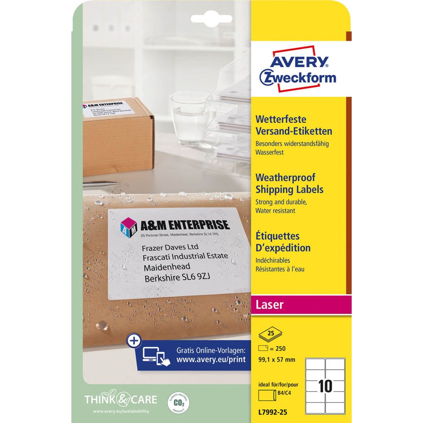 AVERY Zweckform Folien-Versandetiketten weiß 99,1 x 57,0 mm | L7992-25 | 1 Pack = 25 Blatt