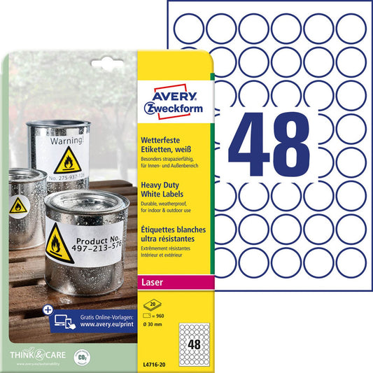 AVERY Zweckform wetterfeste Folienetiketten weiß 30,0 x 30,0 mm | L4716-20 | 1 Pack = 20 Blatt