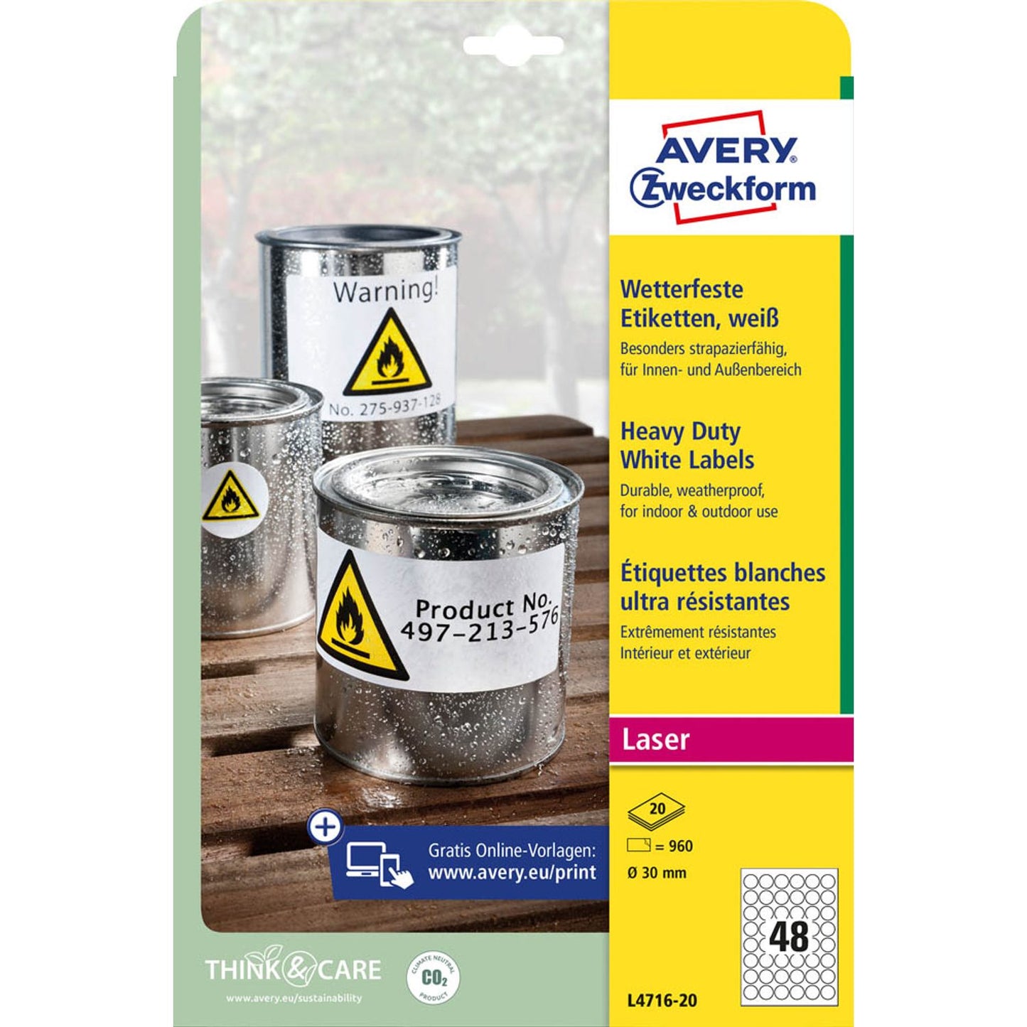 AVERY Zweckform wetterfeste Folienetiketten weiß 30,0 x 30,0 mm | L4716-20 | 1 Pack = 20 Blatt