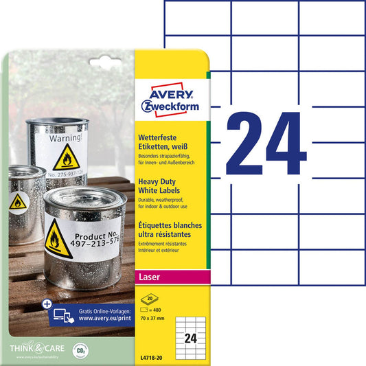 AVERY Zweckform wetterfeste Folienetiketten weiß 70,0 x 37,0 mm | L4718-20 | 1 Pack = 20 Blatt