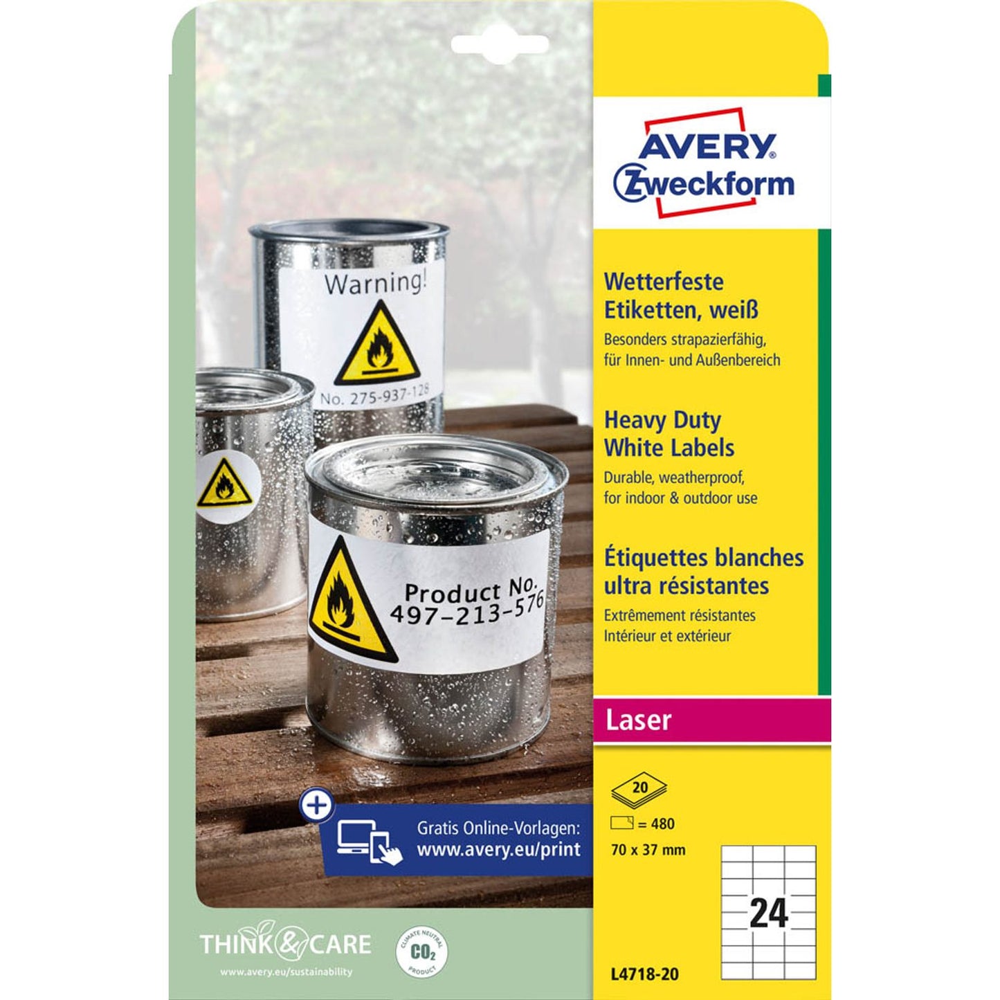 AVERY Zweckform wetterfeste Folienetiketten weiß 70,0 x 37,0 mm | L4718-20 | 1 Pack = 20 Blatt