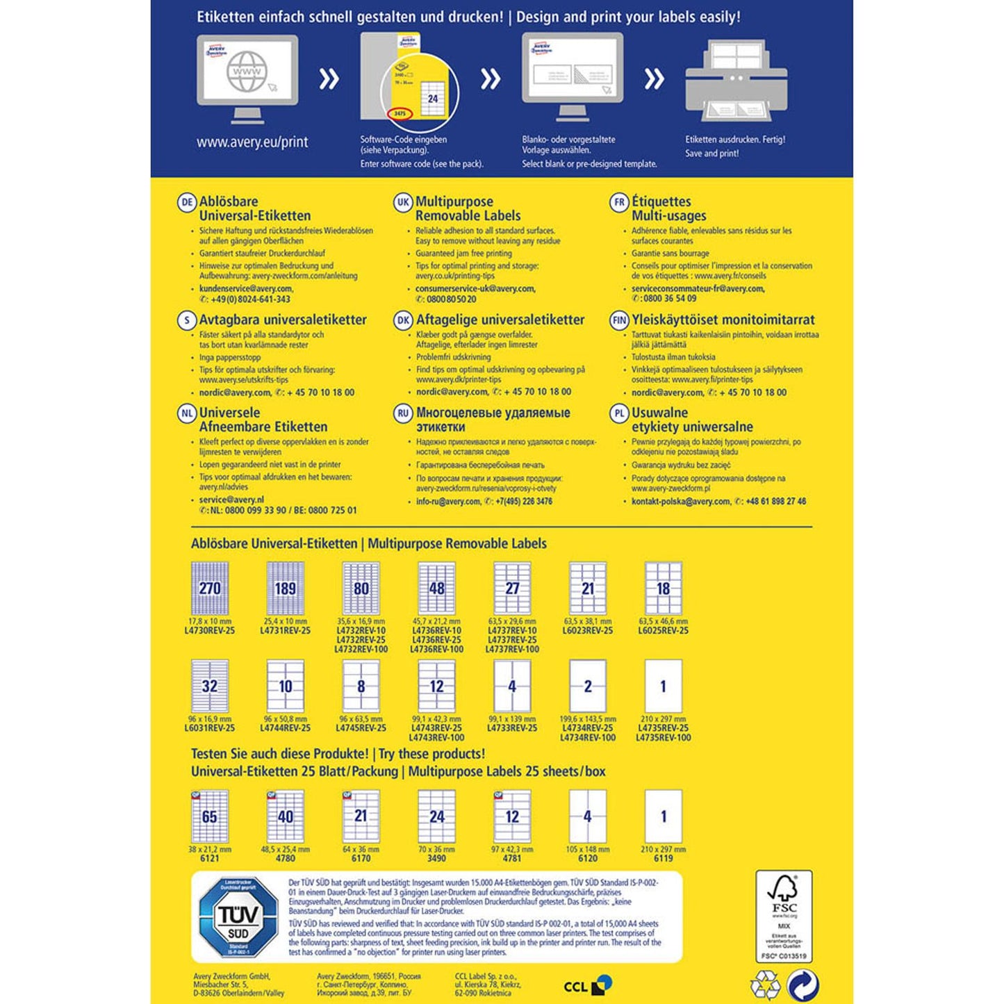 AVERY Zweckform Etiketten weiß 99,1 x 42,3 mm | L4743REV-100 | 1 Pack = 100 Blatt