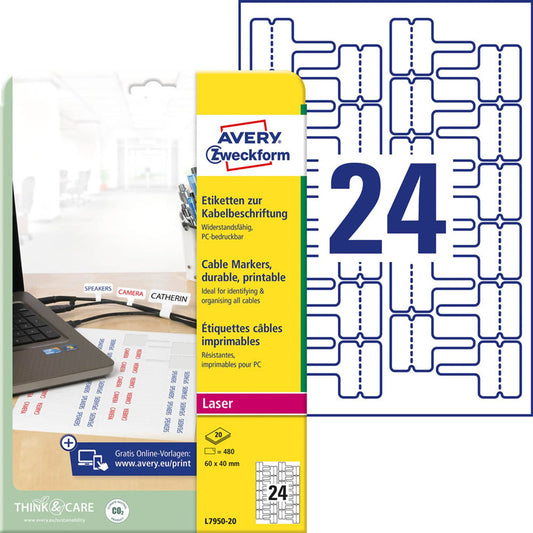 AVERY Zweckform Kabelbeschriftungs-Etiketten weiß 60,0 x 40,0 mm | L7950-20 | 1 Pack = 20 Blatt