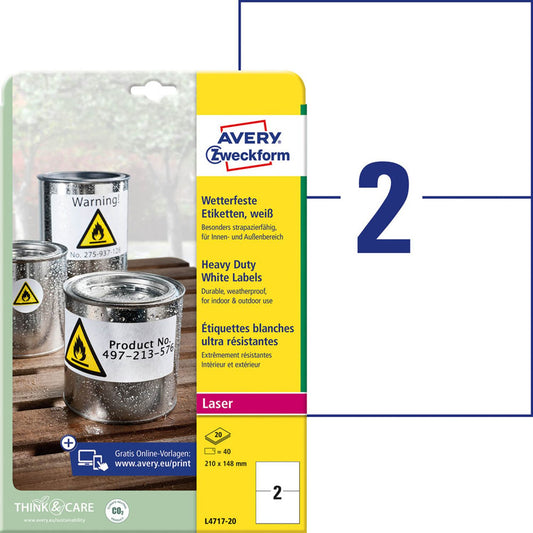 AVERY Zweckform wetterfeste Folienetiketten weiß 210,0 x 148,0 mm | L4717-20 | 1 Pack = 20 Blatt