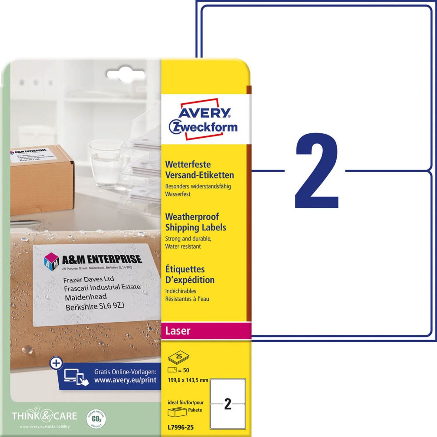 AVERY Zweckform Folien-Versandetiketten weiß 199,6 x 289,1 mm | L7996-25 | 1 Pack = 25 Blatt