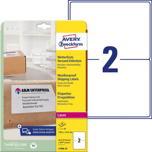 AVERY Zweckform Folien-Versandetiketten weiß 199,6 x 289,1 mm | L7996-25 | 1 Pack = 25 Blatt