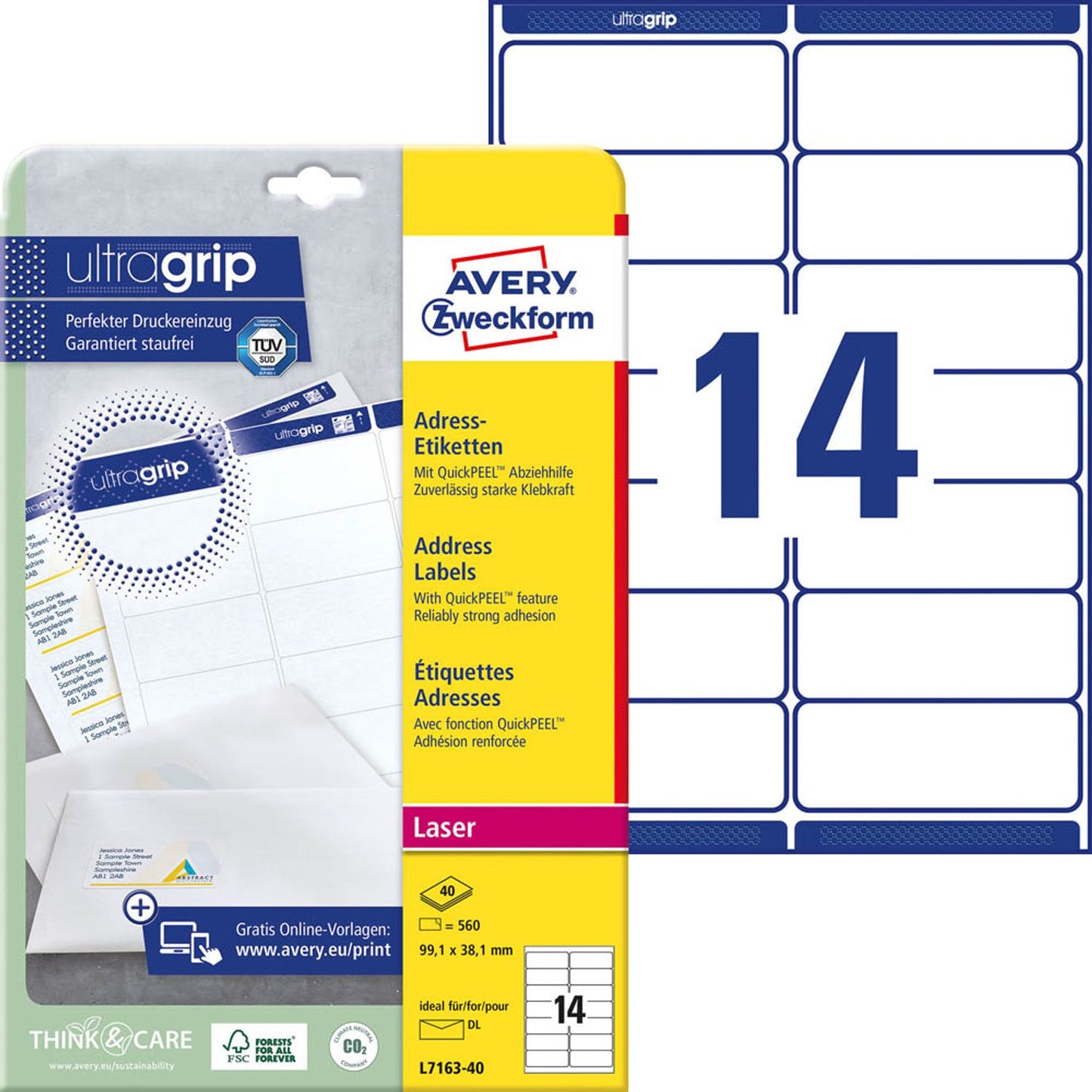 AVERY Zweckform Adressetiketten weiß 99,1 x 38,1 mm | L7163-40 | 1 Pack = 40 Blatt