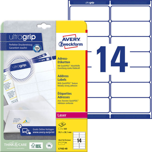 AVERY Zweckform Adressetiketten weiß 99,1 x 38,1 mm | L7163-40 | 1 Pack = 40 Blatt