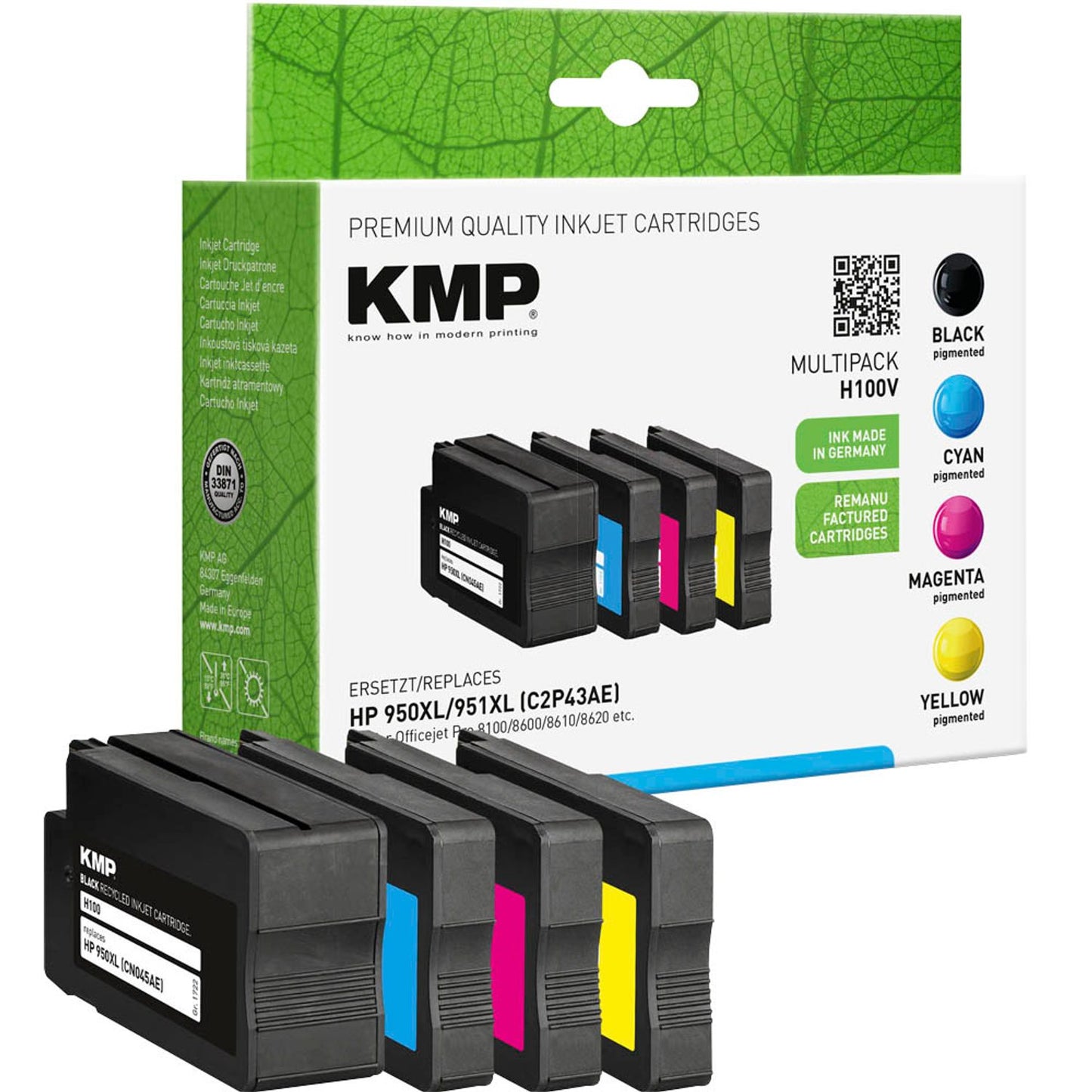 KMP H100V schwarz, cyan, magenta, gelb Druckerpatronen kompatibel zu HP 950XL/951XL (C2P43AE), 4er-Set | 1722,4050 | 1 Pack = 4 St.