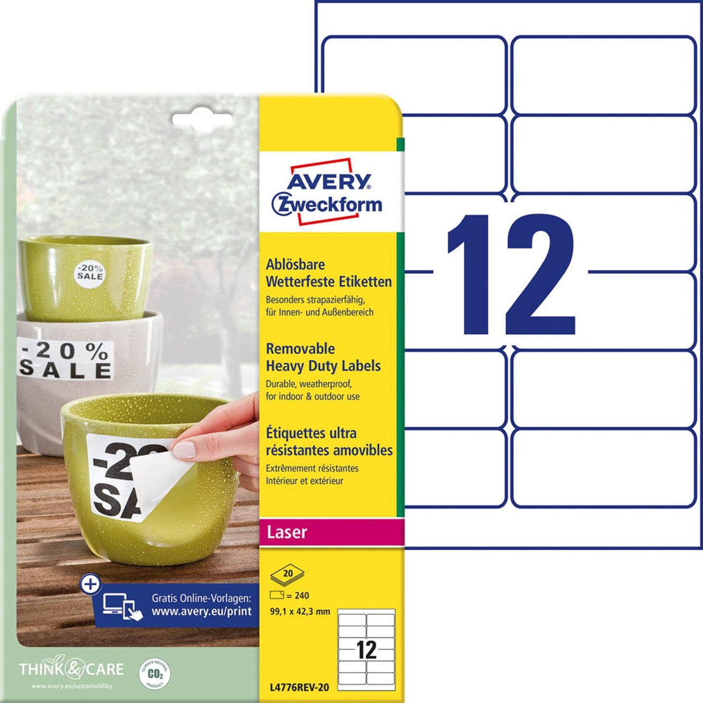 AVERY Zweckform wetterfeste Folienetiketten weiß 99,1 x 42,3 mm | L4776REV-20 | 1 Pack = 20 Blatt