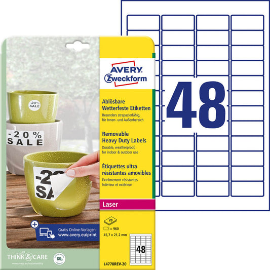 AVERY Zweckform wetterfeste Folienetiketten weiß 45,7 x 21,2 mm | L4778REV-20 | 1 Pack = 20 Blatt
