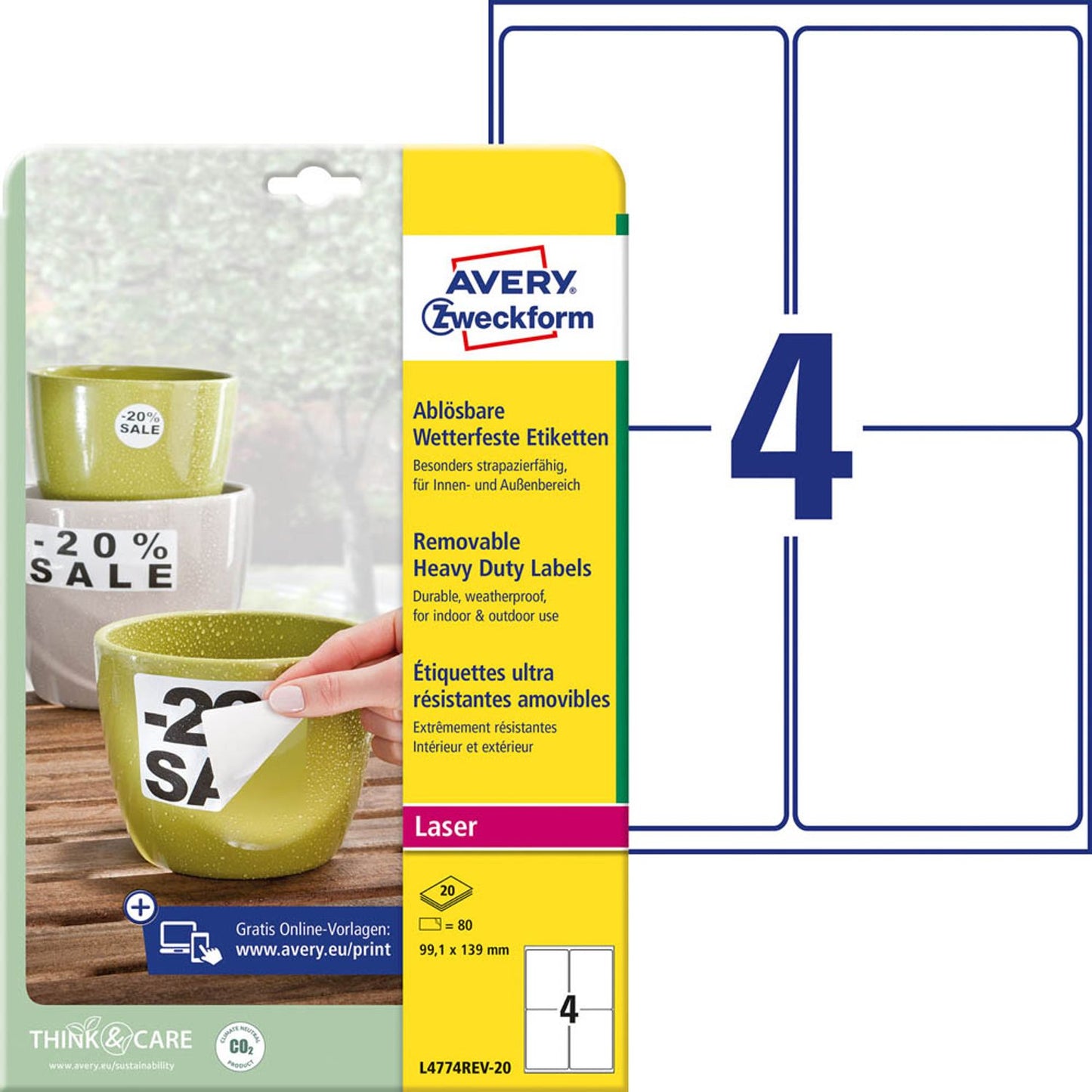 AVERY Zweckform wetterfeste Folienetiketten weiß 99,1 x 139,0 mm | L4774REV-20 | 1 Pack = 20 Blatt