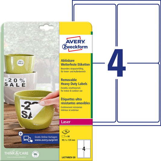 AVERY Zweckform wetterfeste Folienetiketten weiß 99,1 x 139,0 mm | L4774REV-20 | 1 Pack = 20 Blatt
