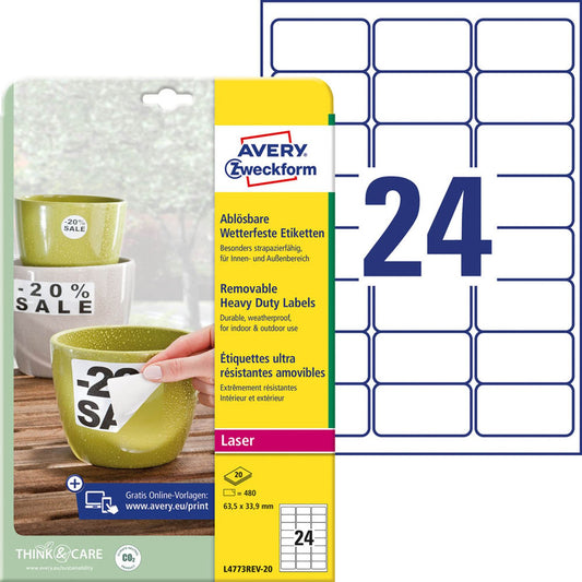 AVERY Zweckform wetterfeste Folienetiketten weiß 63,5 x 33,9 mm | L4773REV-20 | 1 Pack = 20 Blatt