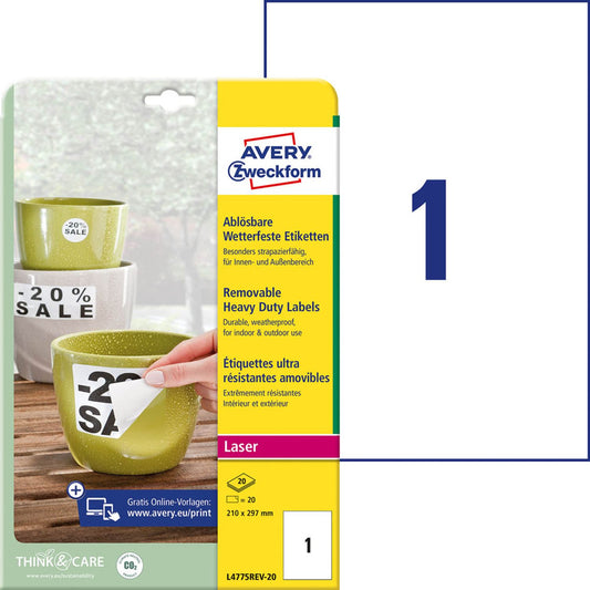 AVERY Zweckform wetterfeste Folienetiketten weiß 210,0 x 297,0 mm | L4775REV-20 | 1 Pack = 20 Blatt