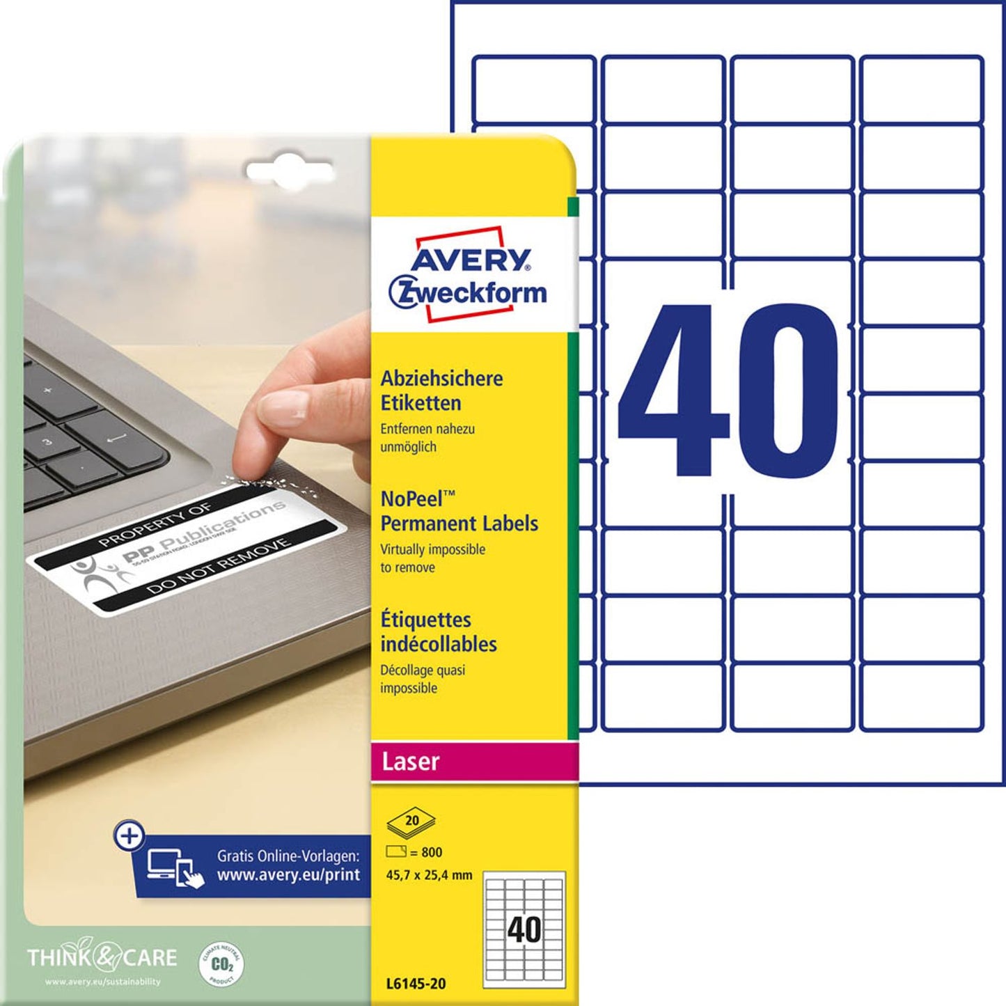 AVERY Zweckform abziehsichere Folienetiketten weiß 45,7 x 25,4 mm | L6145-20 | 1 Pack = 20 Blatt