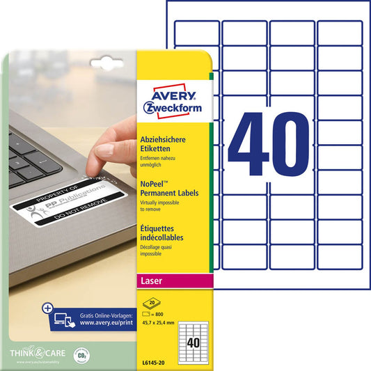 AVERY Zweckform abziehsichere Folienetiketten weiß 45,7 x 25,4 mm | L6145-20 | 1 Pack = 20 Blatt