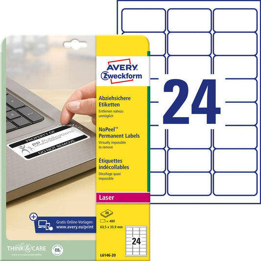AVERY Zweckform abziehsichere Folienetiketten weiß 63,5 x 33,9 mm | L6146-20 | 1 Pack = 20 Blatt