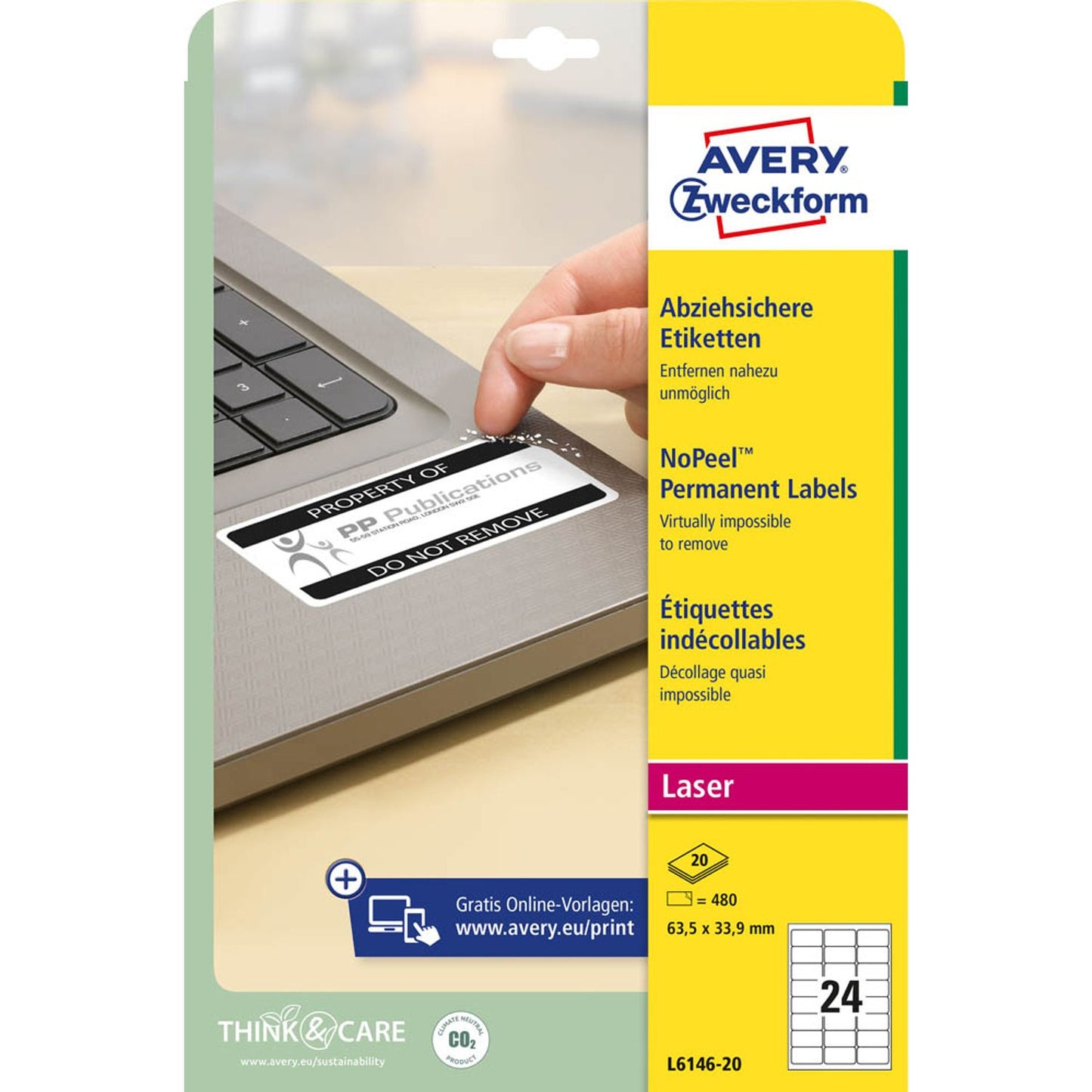 AVERY Zweckform abziehsichere Folienetiketten weiß 63,5 x 33,9 mm | L6146-20 | 1 Pack = 20 Blatt