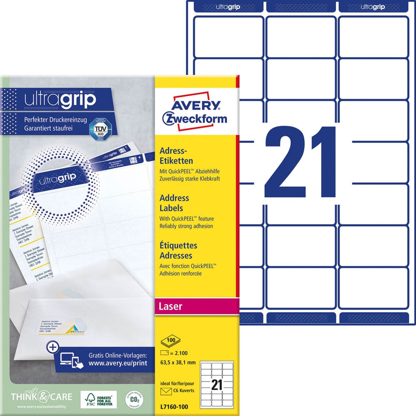 AVERY Zweckform Adressetiketten weiß 63,5 x 38,1 mm | L7160-100 | 1 Pack = 100 Blatt