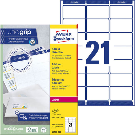 AVERY Zweckform Adressetiketten weiß 63,5 x 38,1 mm | L7160-100 | 1 Pack = 100 Blatt