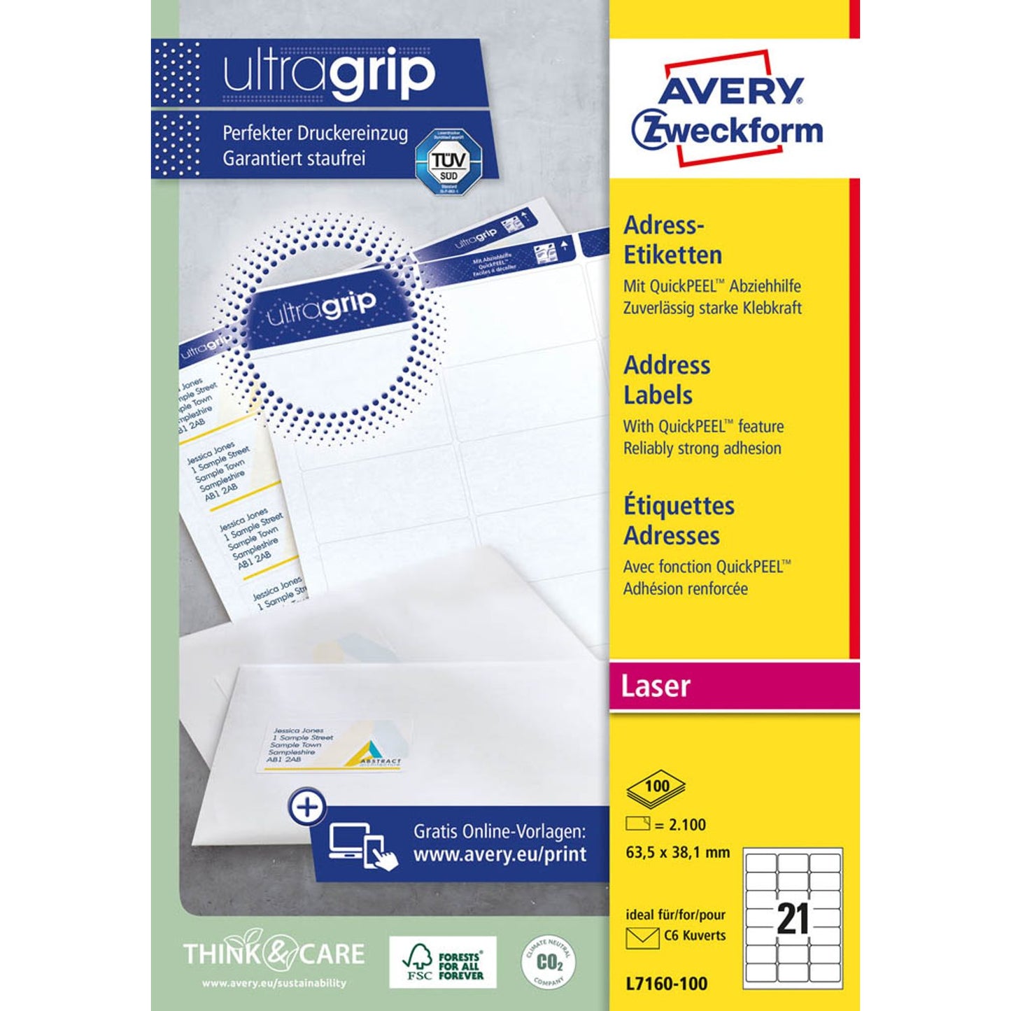 AVERY Zweckform Adressetiketten weiß 63,5 x 38,1 mm | L7160-100 | 1 Pack = 100 Blatt