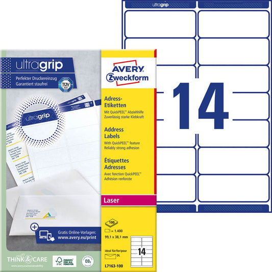 AVERY Zweckform Adressetiketten weiß 99,1 x 38,1 mm | L7163-100 | 1 Pack = 100 Blatt