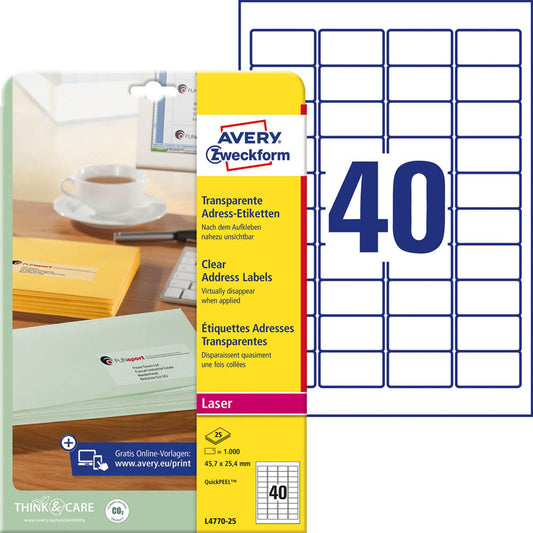 AVERY Zweckform Folien-Adressetiketten transparent 45,7 x 25,4 mm | L4770-25 | 1 Pack = 25 Blatt