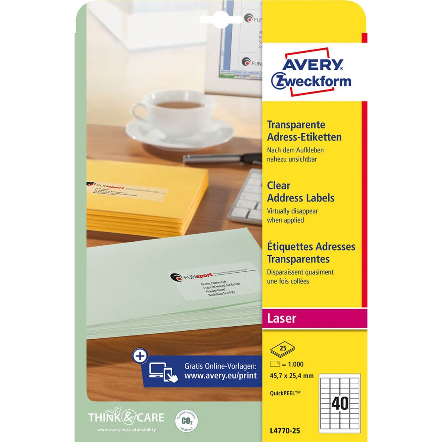 AVERY Zweckform Folien-Adressetiketten transparent 45,7 x 25,4 mm | L4770-25 | 1 Pack = 25 Blatt