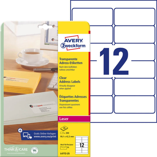 AVERY Zweckform Folien-Adressetiketten transparent 99,1 x 42,3 mm | L4772-25 | 1 Pack = 25 Blatt