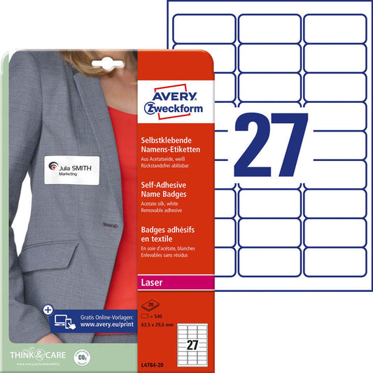 AVERY Zweckform Namensetiketten weiß 63,5 x 29,6 mm | L4784-20 | 1 Pack = 20 Blatt