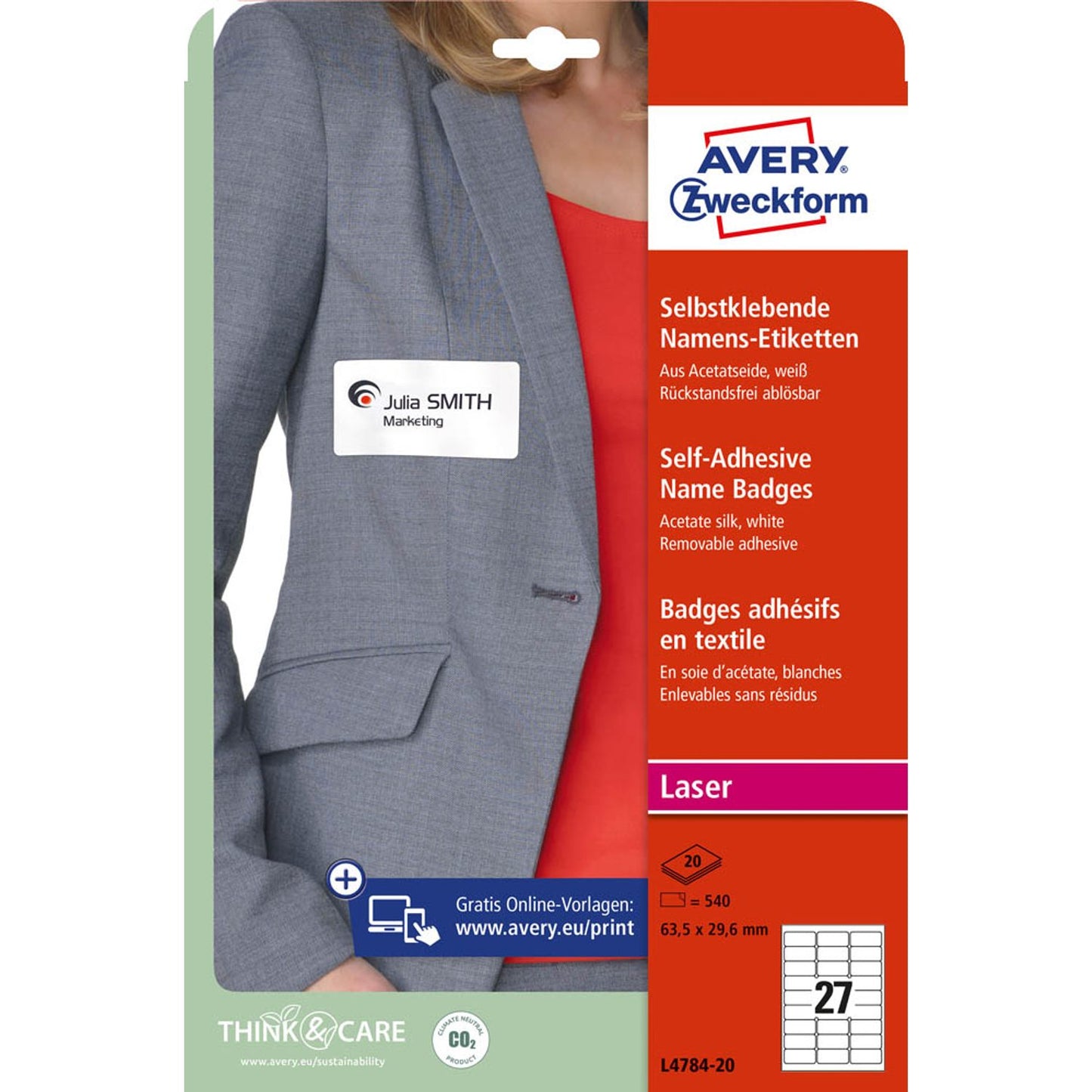 AVERY Zweckform Namensetiketten weiß 63,5 x 29,6 mm | L4784-20 | 1 Pack = 20 Blatt