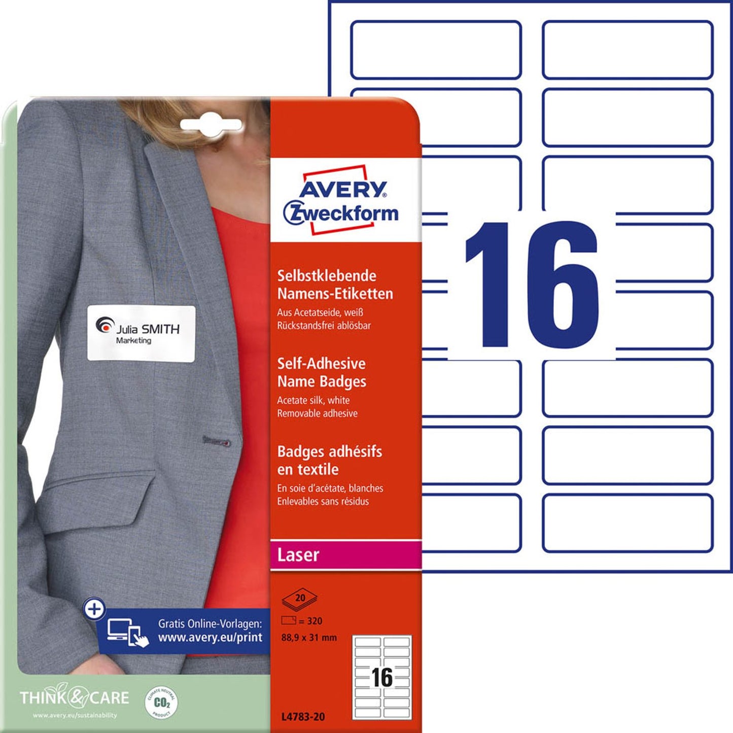 AVERY Zweckform Namensetiketten weiß 88,9 x 31,0 mm | L4783-20 | 1 Pack = 20 Blatt