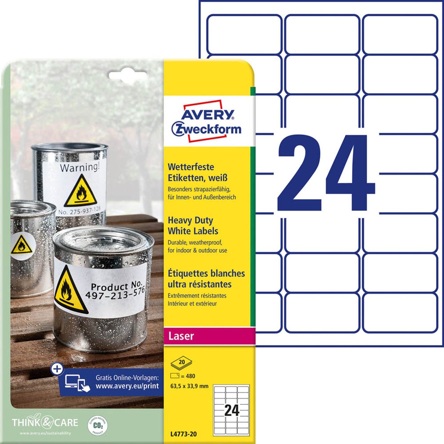 AVERY Zweckform wetterfeste Folienetiketten weiß 63,5 x 33,9 mm | L4773-20 | 1 Pack = 20 Blatt
