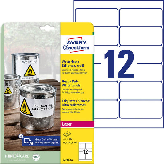 AVERY Zweckform wetterfeste Folienetiketten weiß 99,1 x 42,3 mm | L4776-20 | 1 Pack = 20 Blatt