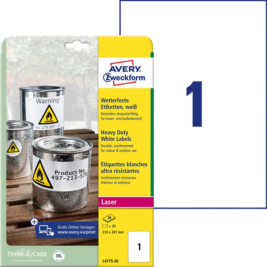 AVERY Zweckform wetterfeste Folienetiketten weiß 210,0 x 297,0 mm | L4775-20 | 1 Pack = 20 Blatt